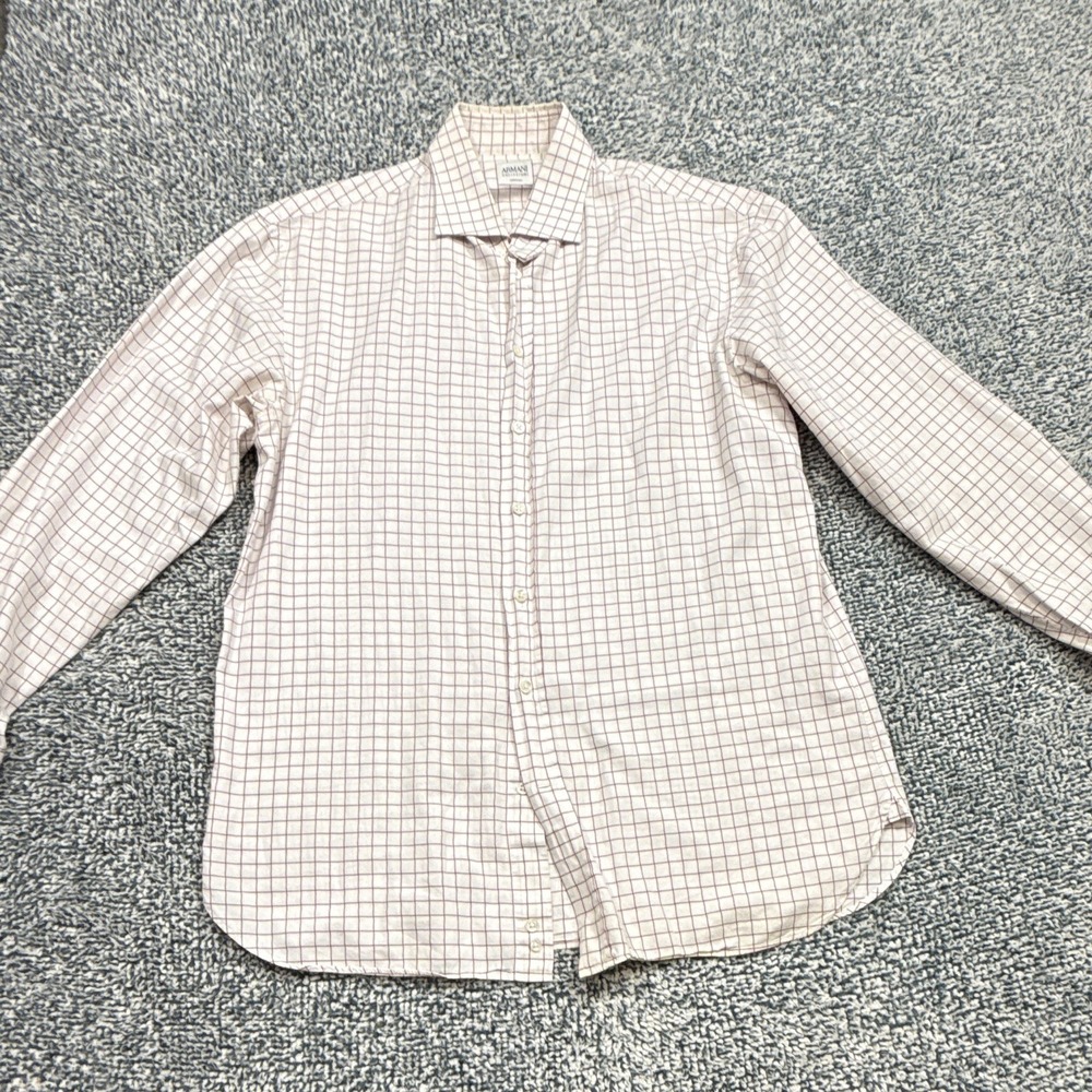 Armani Collezioni White/Red Check Cotton Spread Collar Dress Shirt 16 34/35